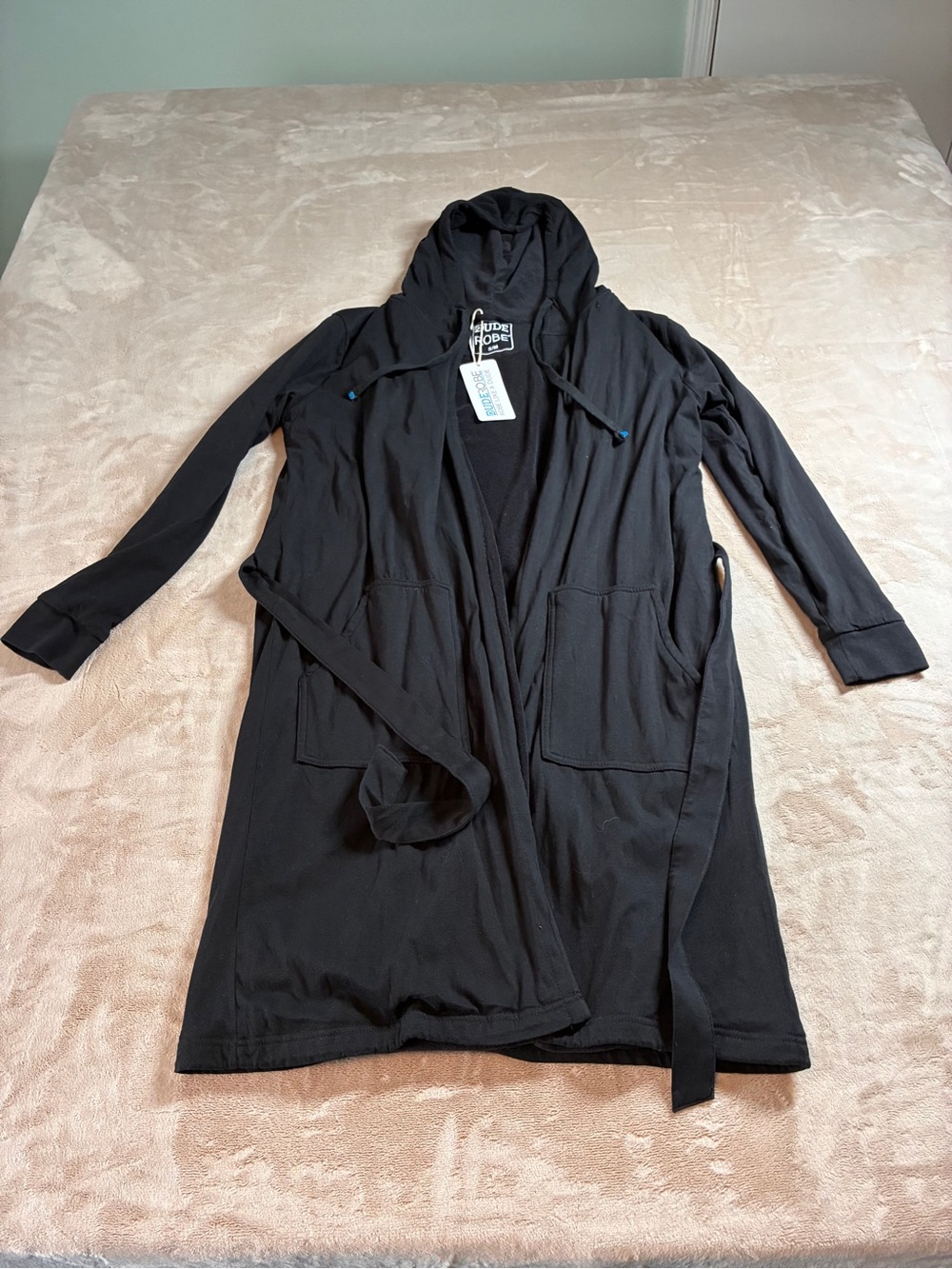 NWT DudeRobe Hooded Bathrobe Sweatshirt Terry Lined Lounge Robe Men's S/M Black